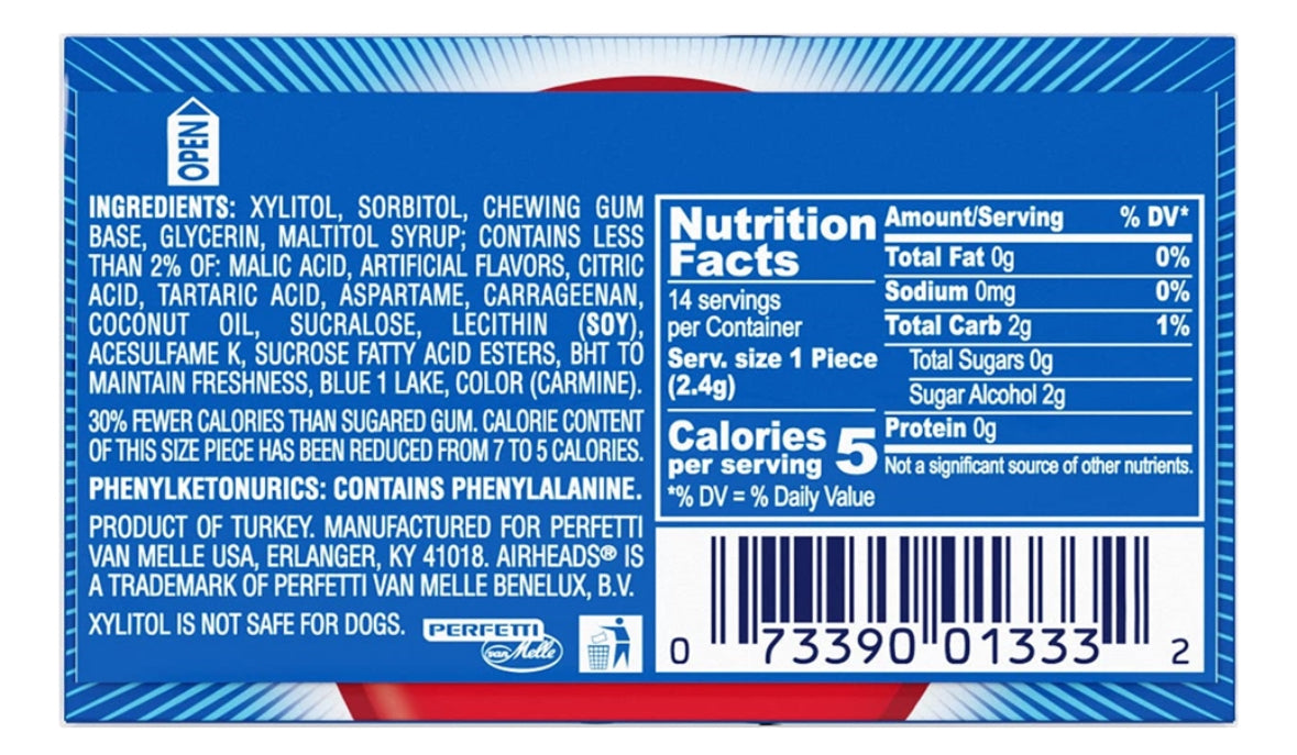 AIRHEADS GUM Blue Raspberry Sin Azúcar x14