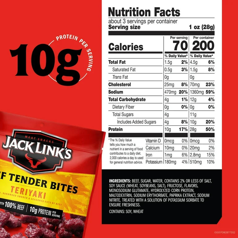 Jack Link’s Beef Tender Bites Teriyaki 11g Proteína Tamaño Grande 142g