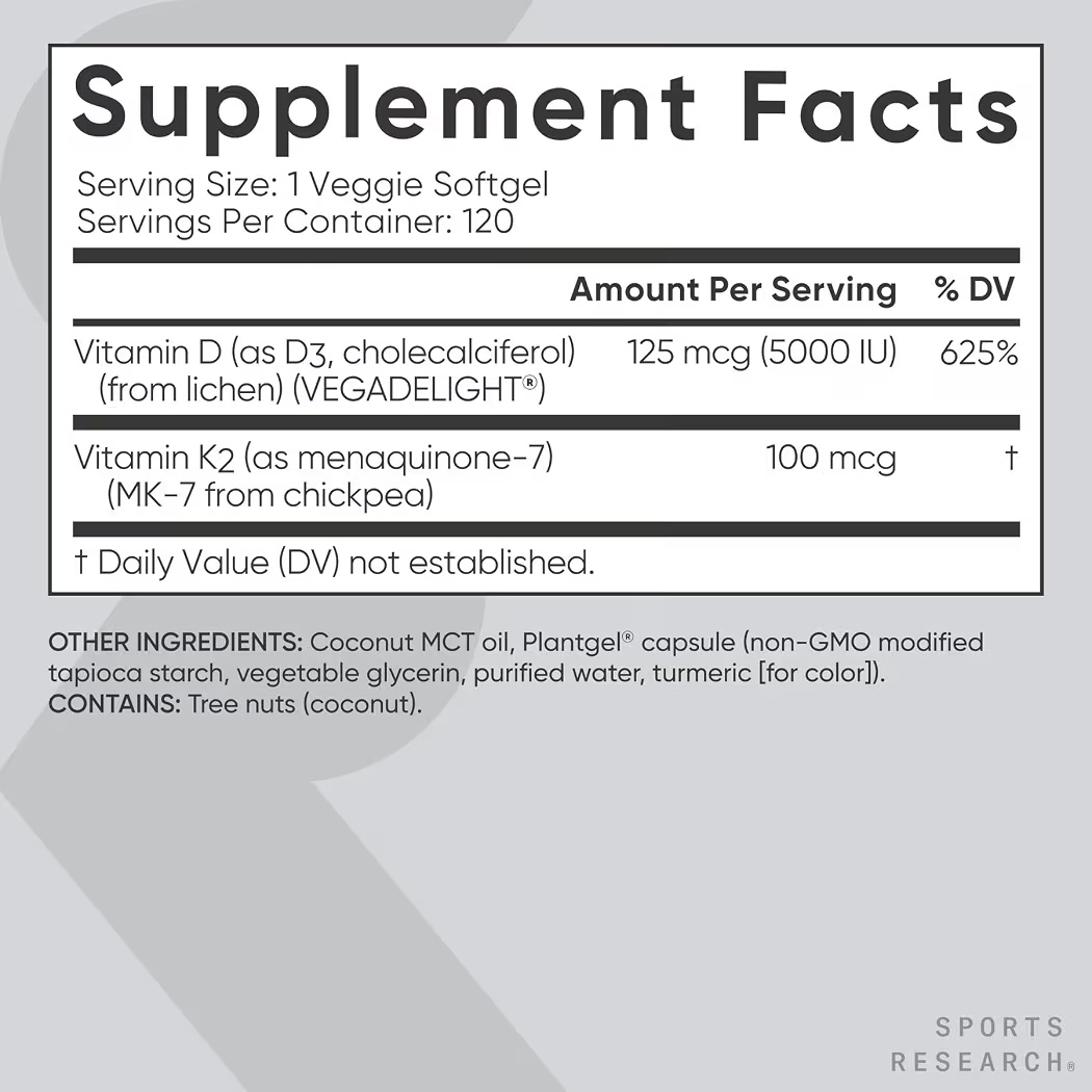 PLANT BASED: Cápsulas Blandas Vitamina D3 + K2 Sports Research x120 Unidades