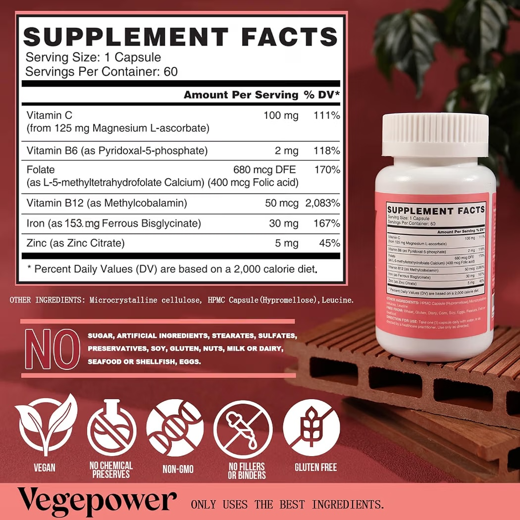 IRON: Cápsulas Veganas Bisglicinato + Vitamina C Vegepower Hierro 30mg x60 Unidades
