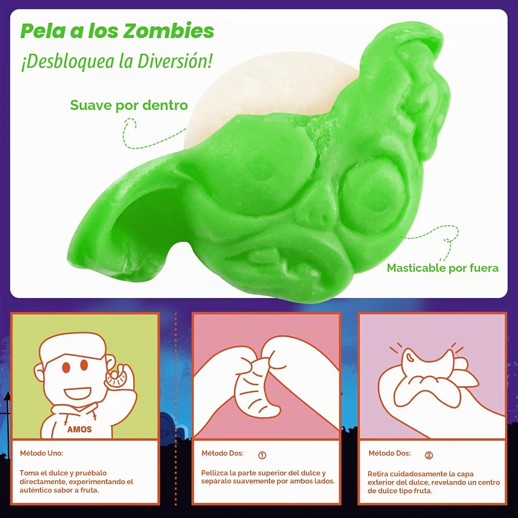 HALLOWEEN: Gomitas Amos Peelerz Gummy Zombie Orange, Grape, Apple x40 Unidades Aprox. - 240g