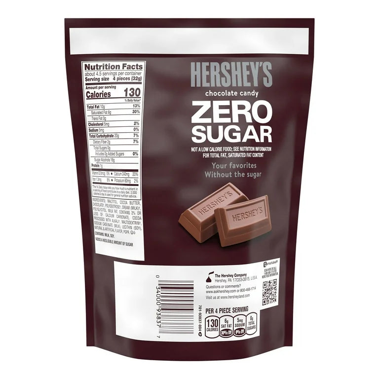 Chocolates Hershey’s Sin Azúcar Tamaño Grande 144g