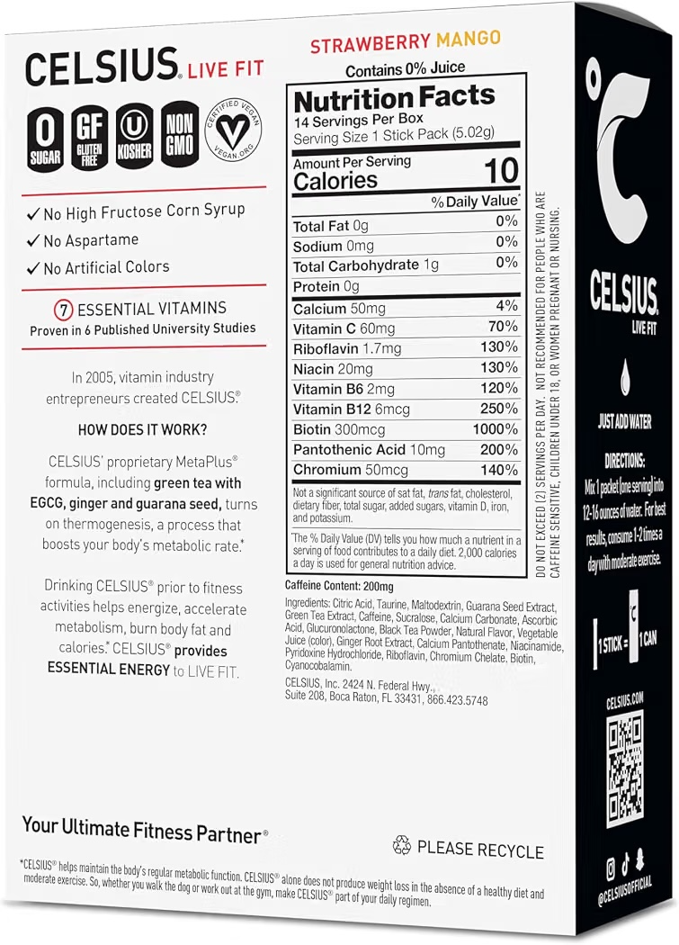 Barras Polvo Celsius Essential Energy Sin Azúcar Fresa & Mango x14 Unidades