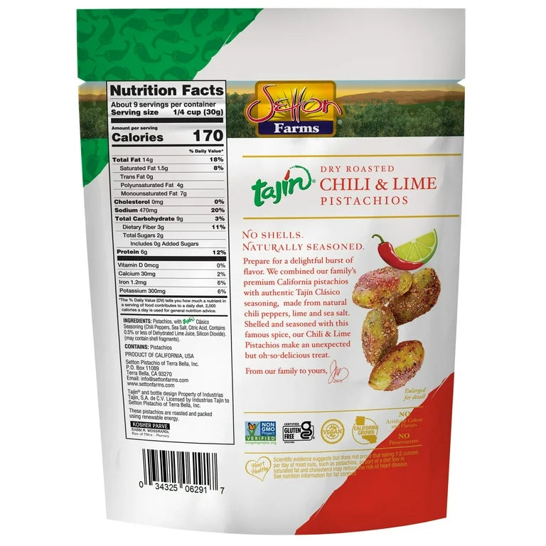 Pistachos Dry Roasted Chili & Lime Setton Farms Tamaño Grande 283g