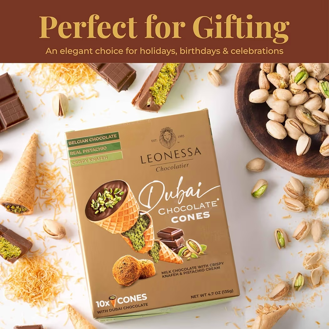 Conos Rellenos Chocolate Dubai Pistacho & Knafeh Leonessa x10 Unidades - 135g