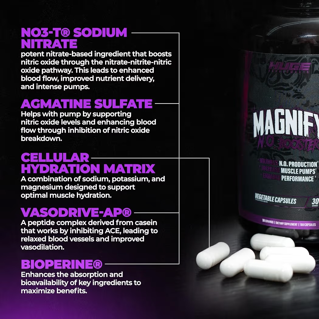 Cápsulas Vegetales Huge Supplements Magnify N.O. Booster x180 Unidades