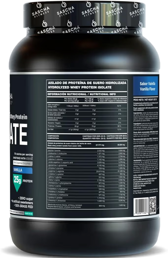 ISOLATE: Proteína Suero Hidrolizado Sascha Fitness Vainilla 957g