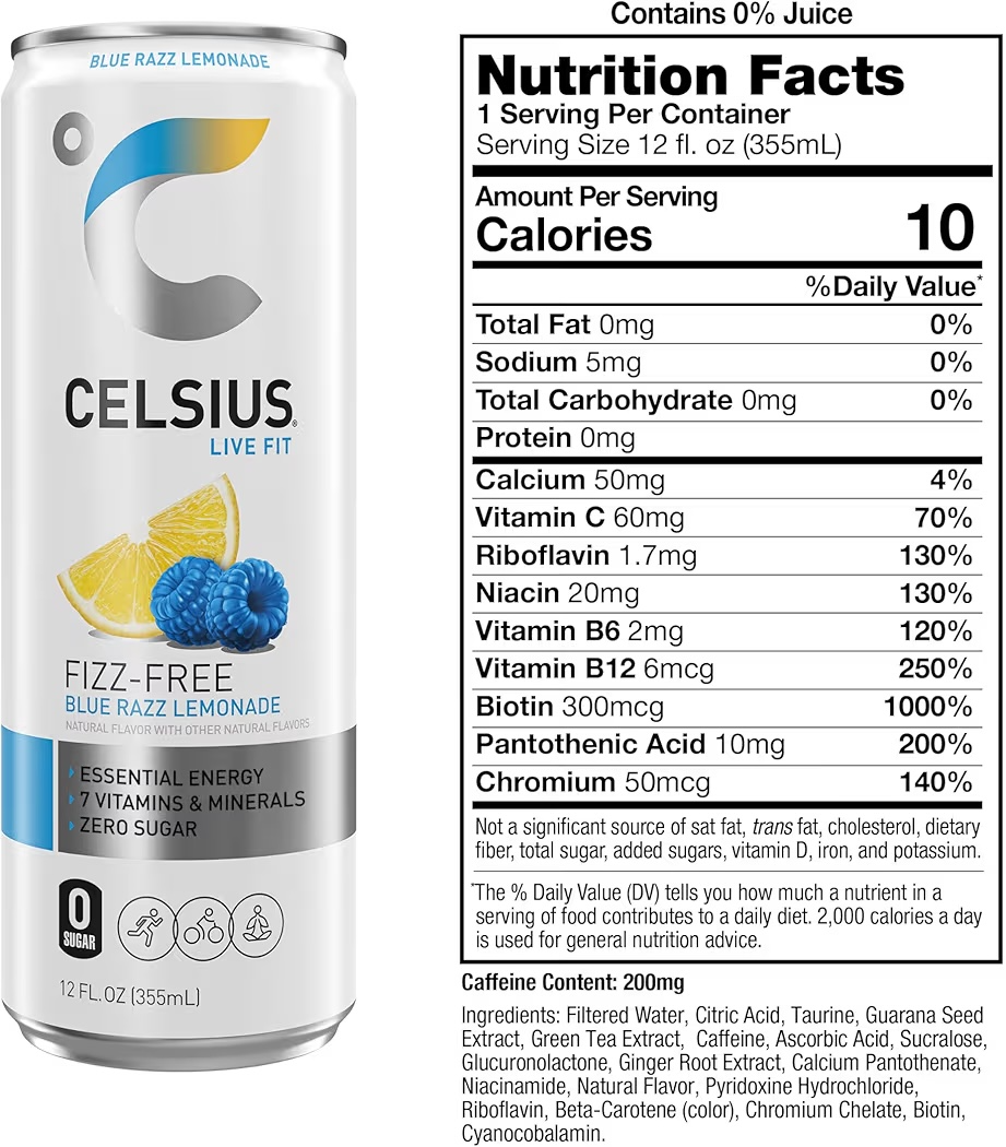 Bebida Energética Celsius Fizz Free Blue Razz Lemonade Sin Azúcar 355 mL