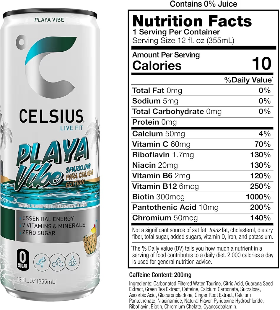 Bebida Energética Celsius Sparkling Piña Colada Playa Vibe Sin Azúcar 355 mL