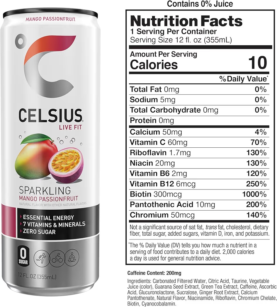 Bebida Energética Celsius Sparkling Mango & Maracuyá Sin Azúcar 355 mL
