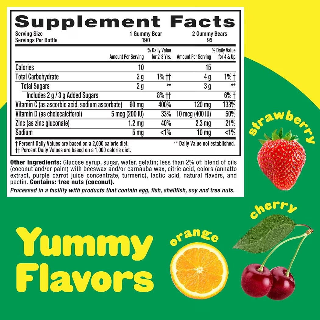 KIDS IMMUNE C: Gomitas L’il Critters + Zinc & Vitamina D Sabor Frutal x190 Unidades