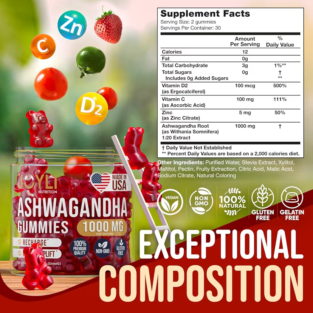 ASHWAGANDHA: Gomitas Naturales Joyli Sin Azúcar x60 Unidades