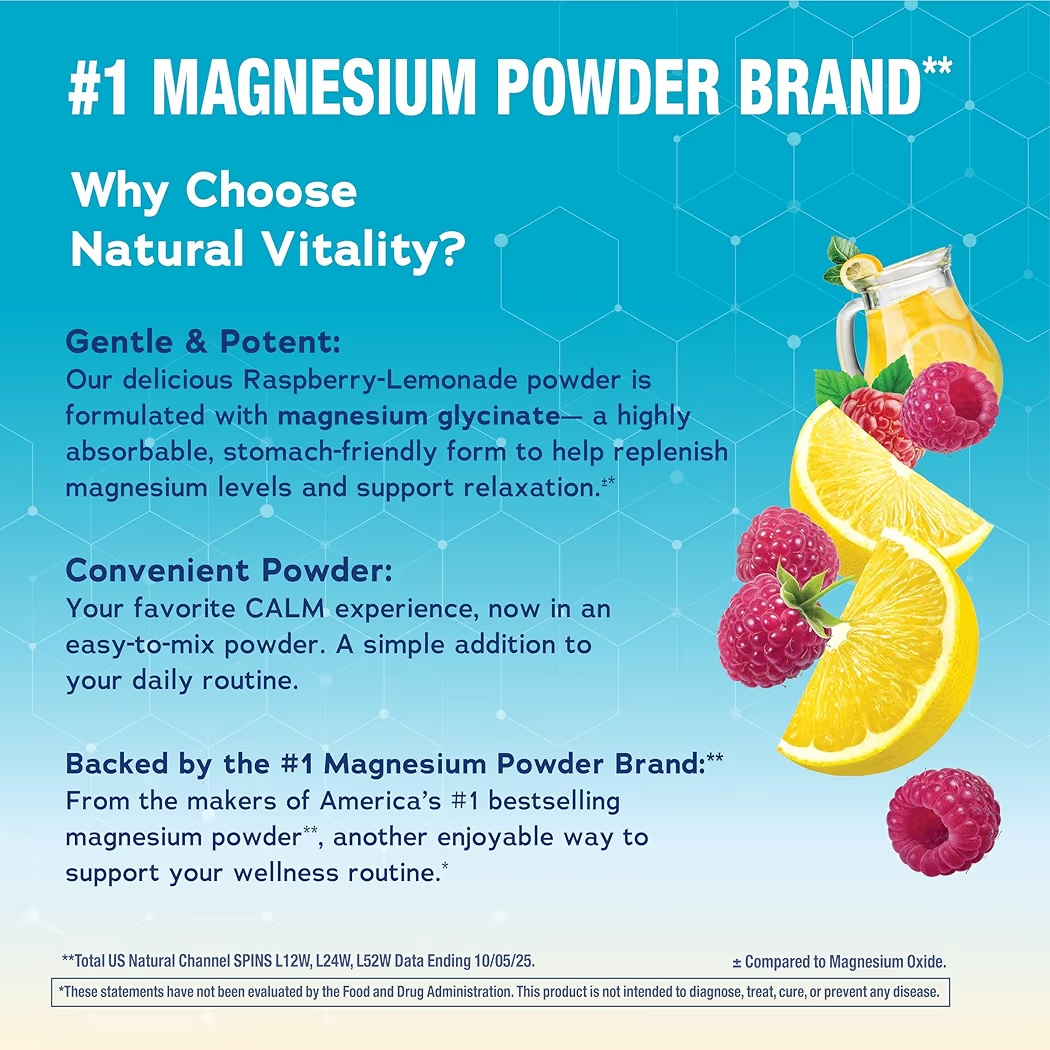 MAXCALM: Mezcla Bebida Relajante Natural Vitality Magnesium Glycinate Sabor Limonada Frambuesa 142g