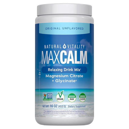 MAXCALM: Mezcla Bebida Relajante Natural Vitality Magnesium Citrate + Glycinate Sin Sabor Tamaño Grande 453g