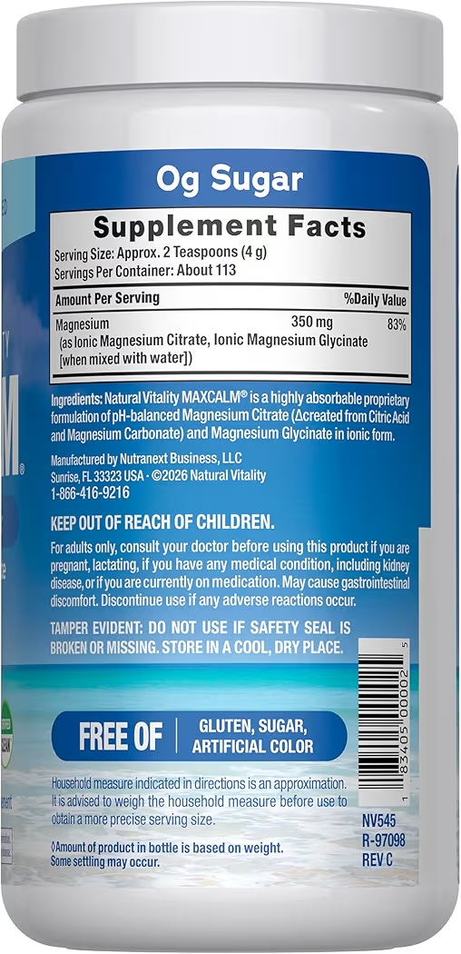MAXCALM: Mezcla Bebida Relajante Natural Vitality Magnesium Citrate + Glycinate Sin Sabor Tamaño Grande 453g