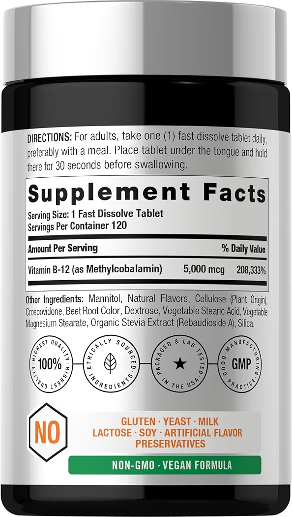 Tabletas Rápida Disolución Horbäach Vitamina B-12 5000 mcg x120 Unidades