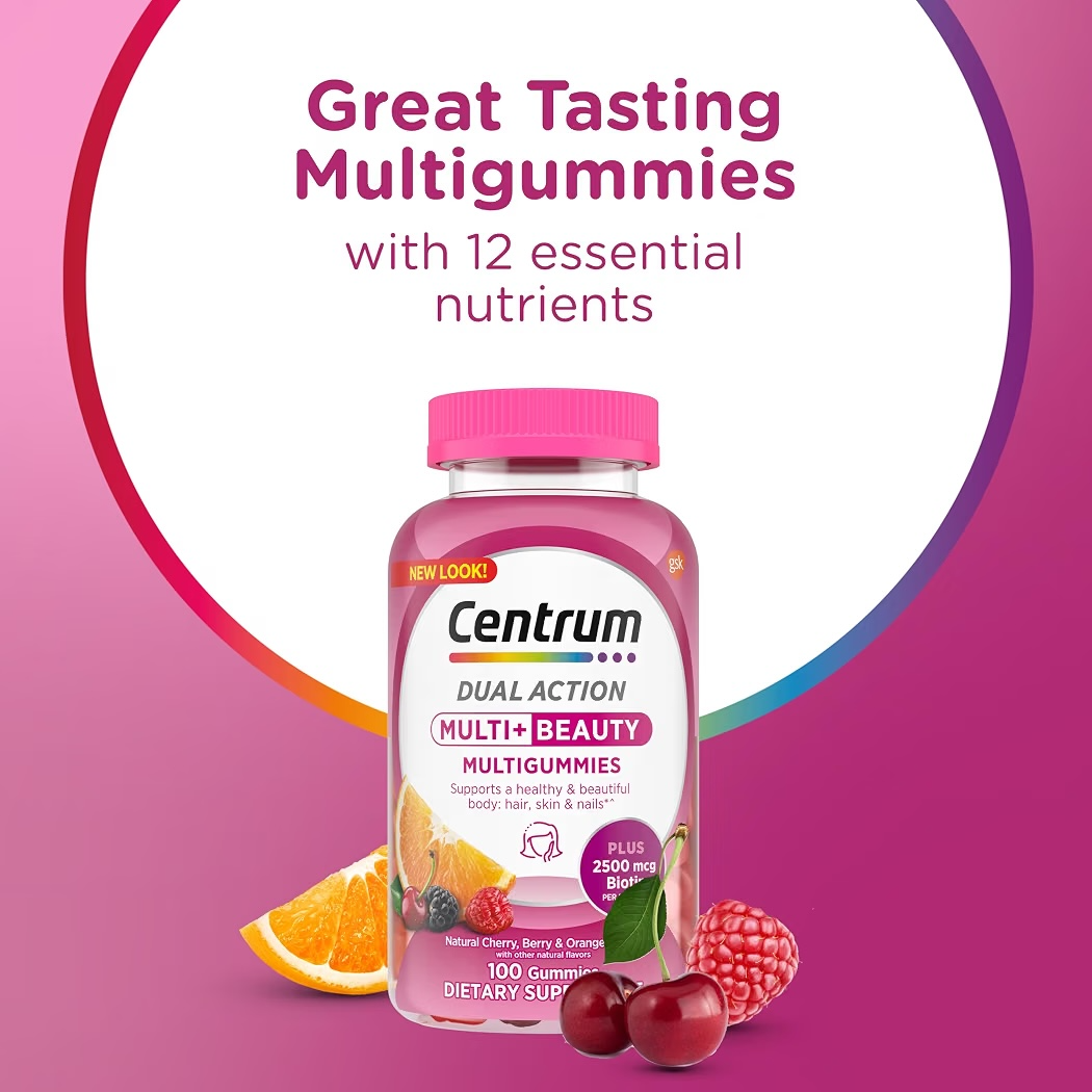 MULTI+BEAUTY: Gomitas Centrum Dual Action + Biotina Frutos Rojos & Naranja x100 Unidades