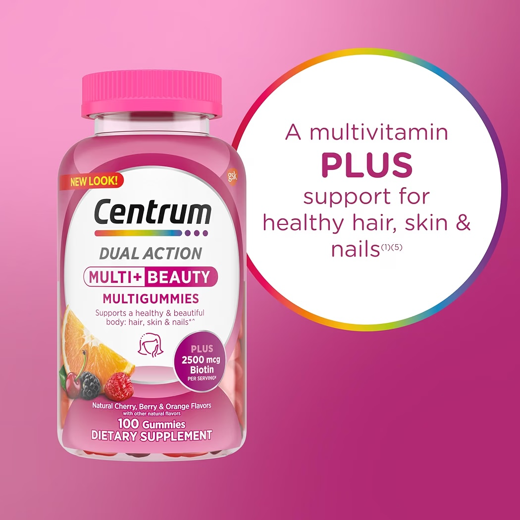 MULTI+BEAUTY: Gomitas Centrum Dual Action + Biotina Frutos Rojos & Naranja x100 Unidades