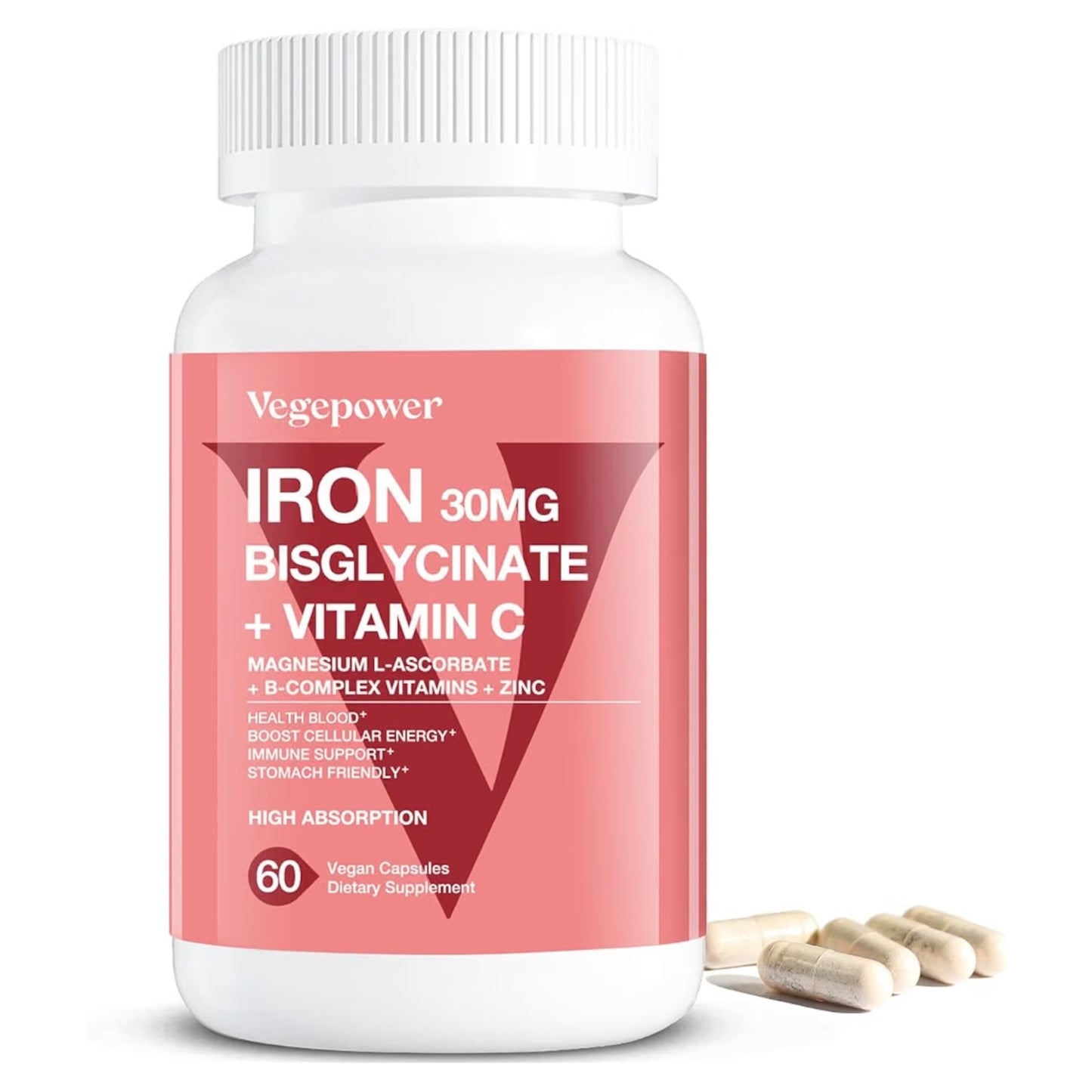 IRON: Cápsulas Veganas Bisglicinato + Vitamina C Vegepower Hierro 30mg x60 Unidades