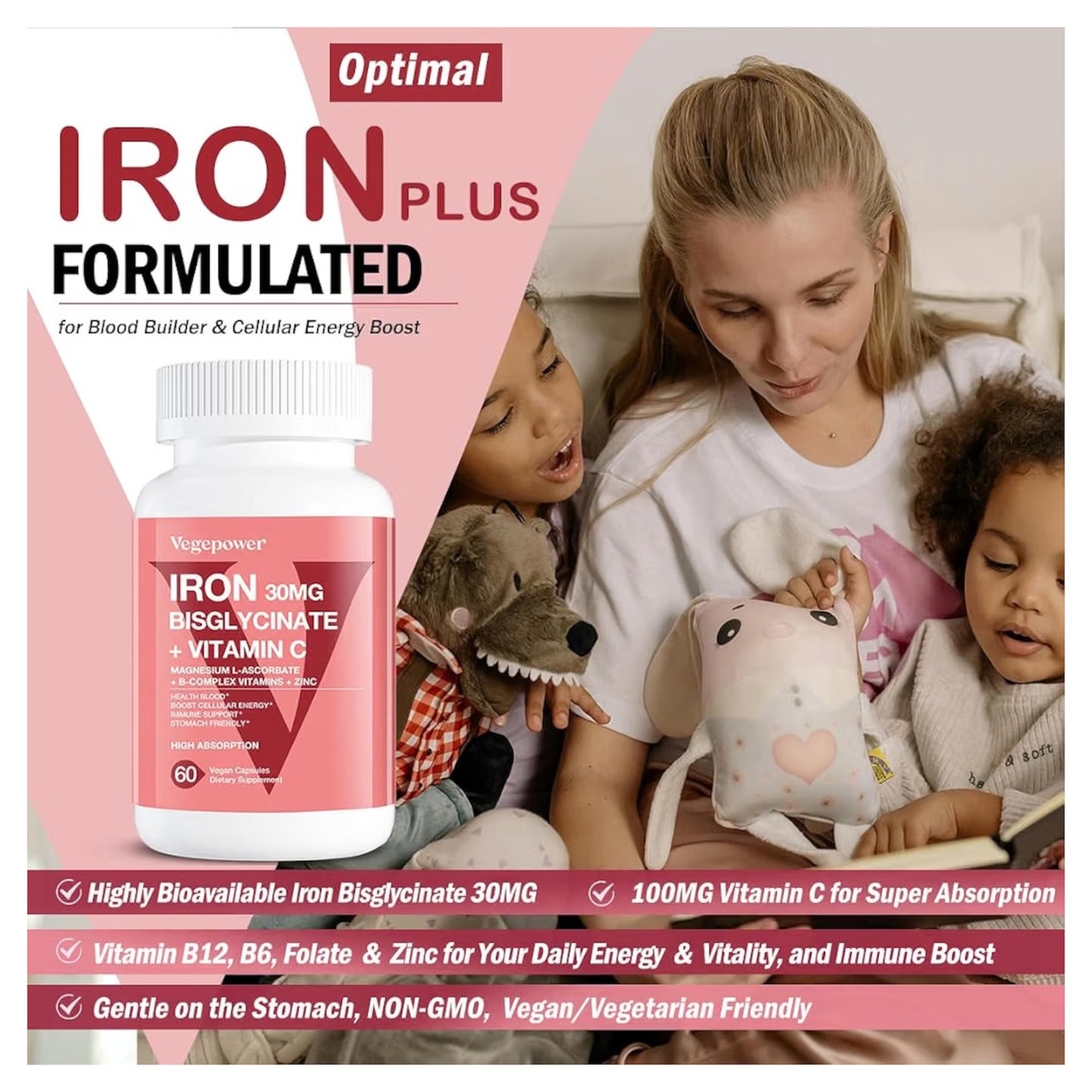 IRON: Cápsulas Veganas Bisglicinato + Vitamina C Vegepower Hierro 30mg x60 Unidades