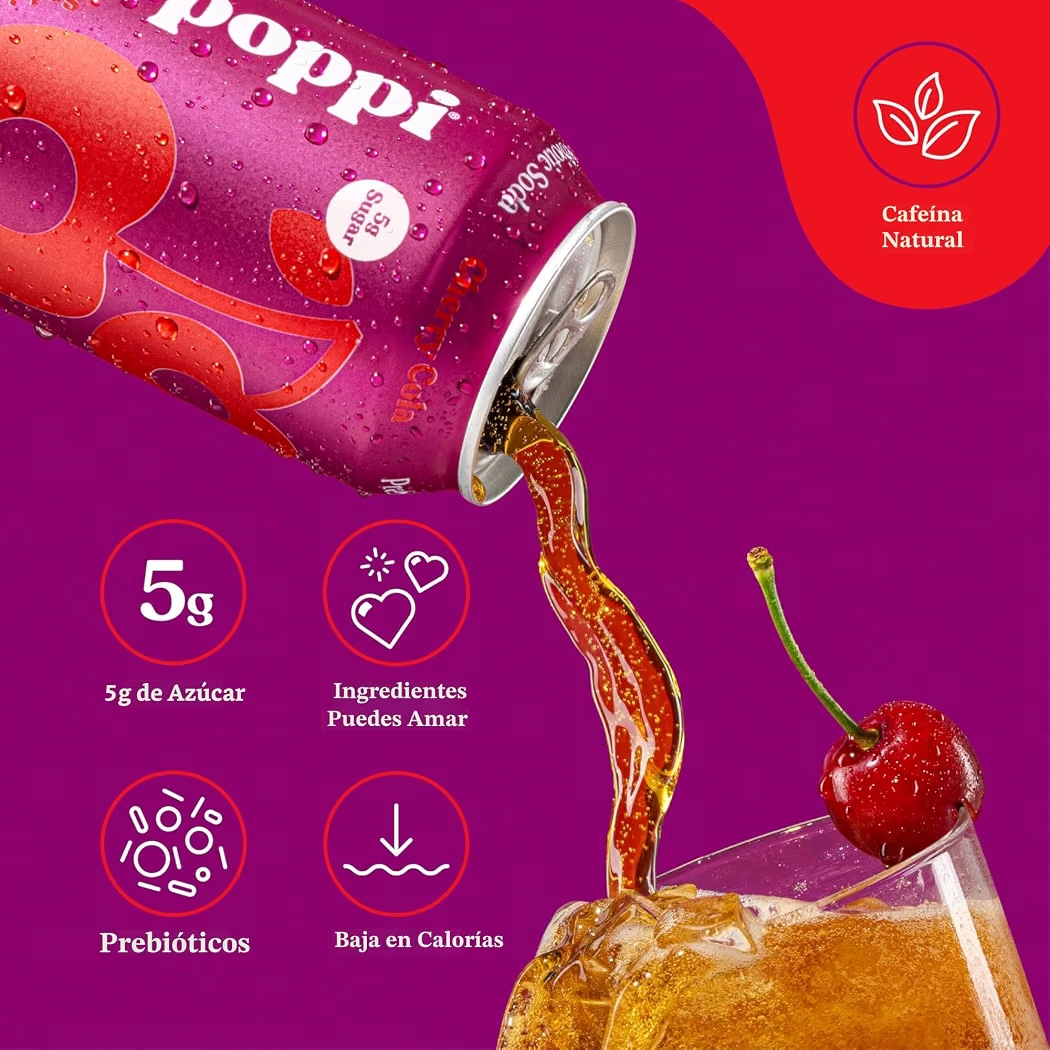 Soda Prebiótica Poppi Cherry Cola 355 mL