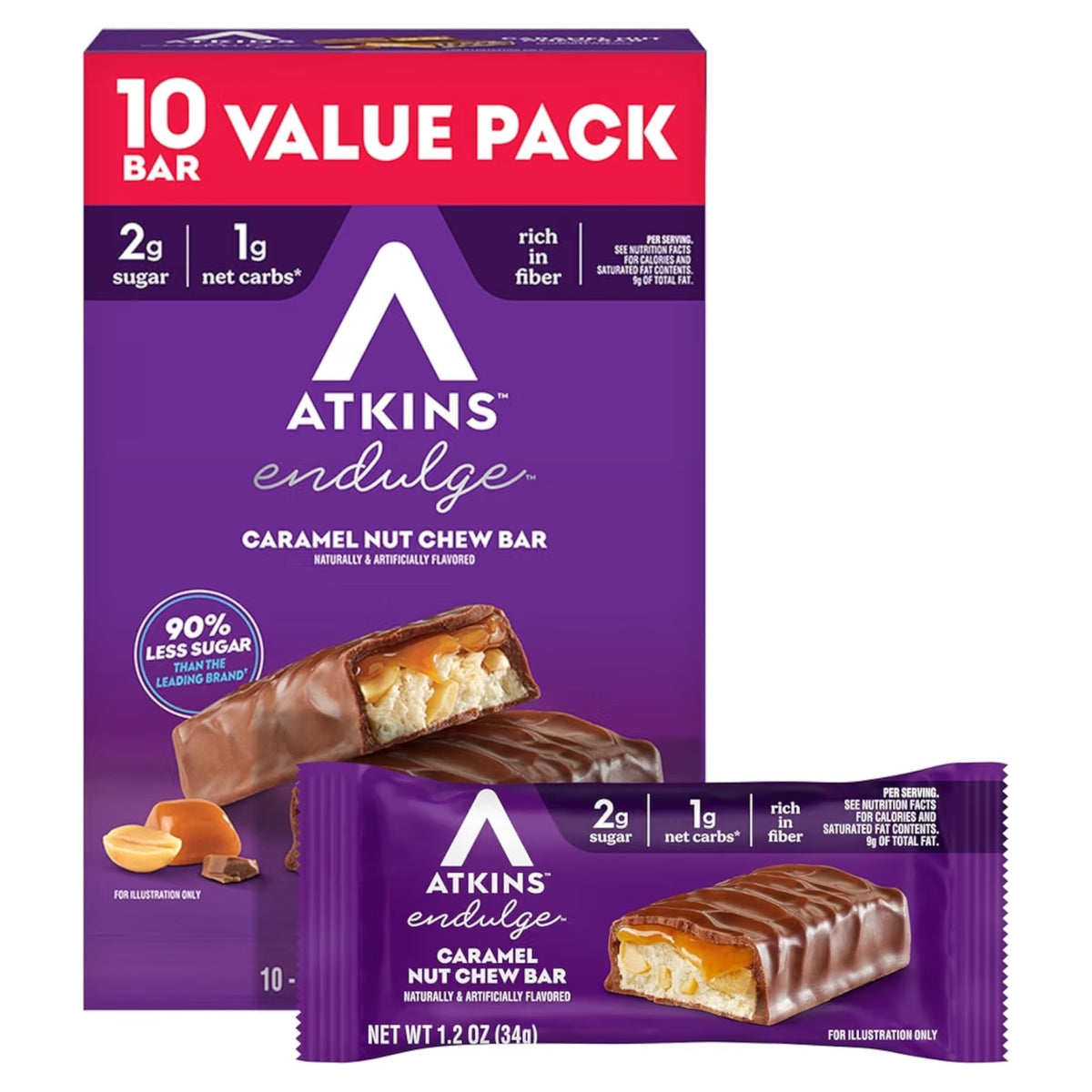 Barras Masticables Atkins Endulge Caramel Nut Chew Bar x10 Unidades - 340g