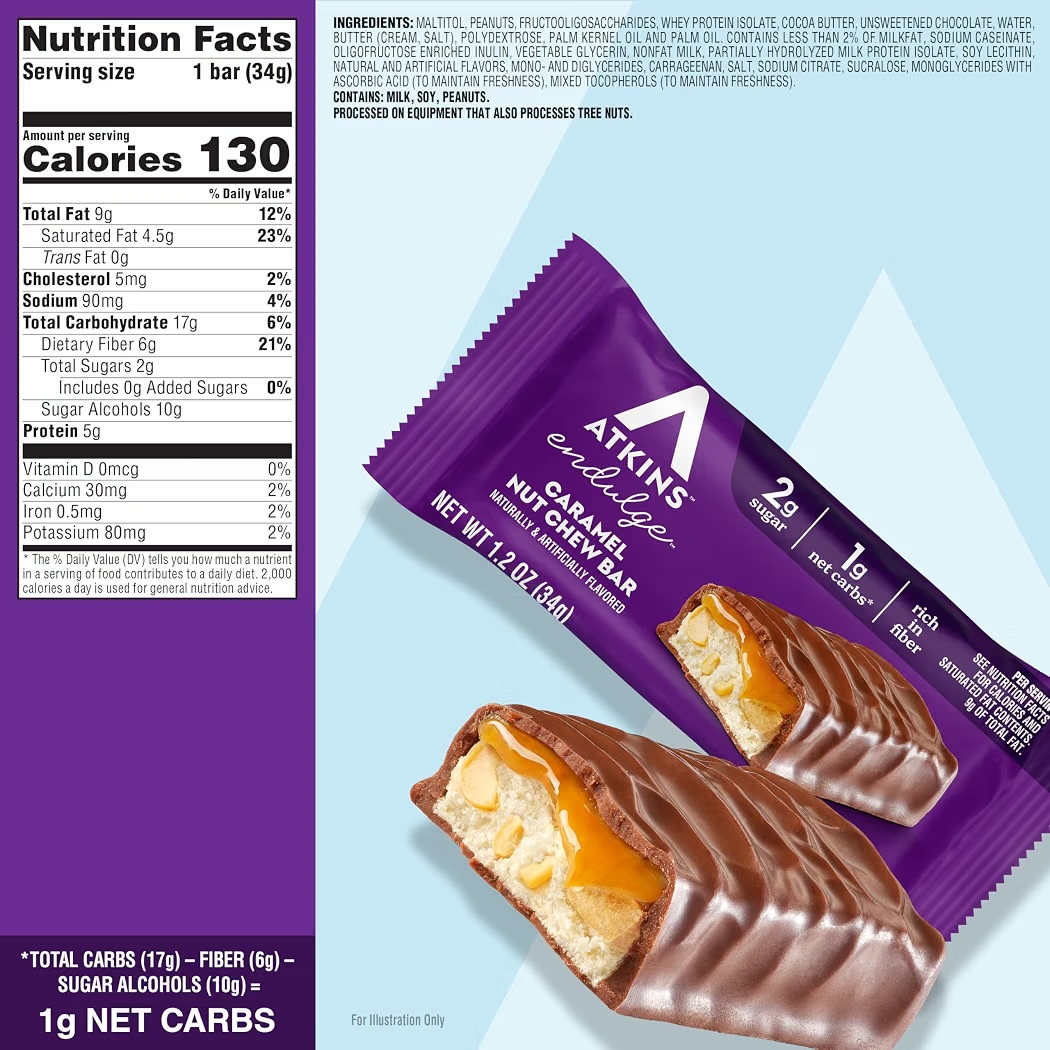 Barras Masticables Atkins Endulge Caramel Nut Chew Bar x10 Unidades - 340g