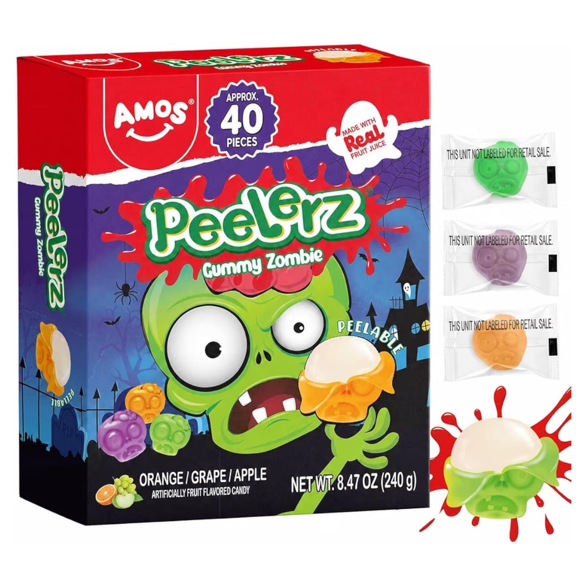 HALLOWEEN: Gomitas Amos Peelerz Gummy Zombie Orange, Grape, Apple x40 Unidades Aprox. - 240g
