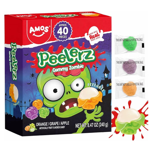 HALLOWEEN: Gomitas Amos Peelerz Gummy Zombie Orange, Grape, Apple x40 Unidades Aprox. - 240g