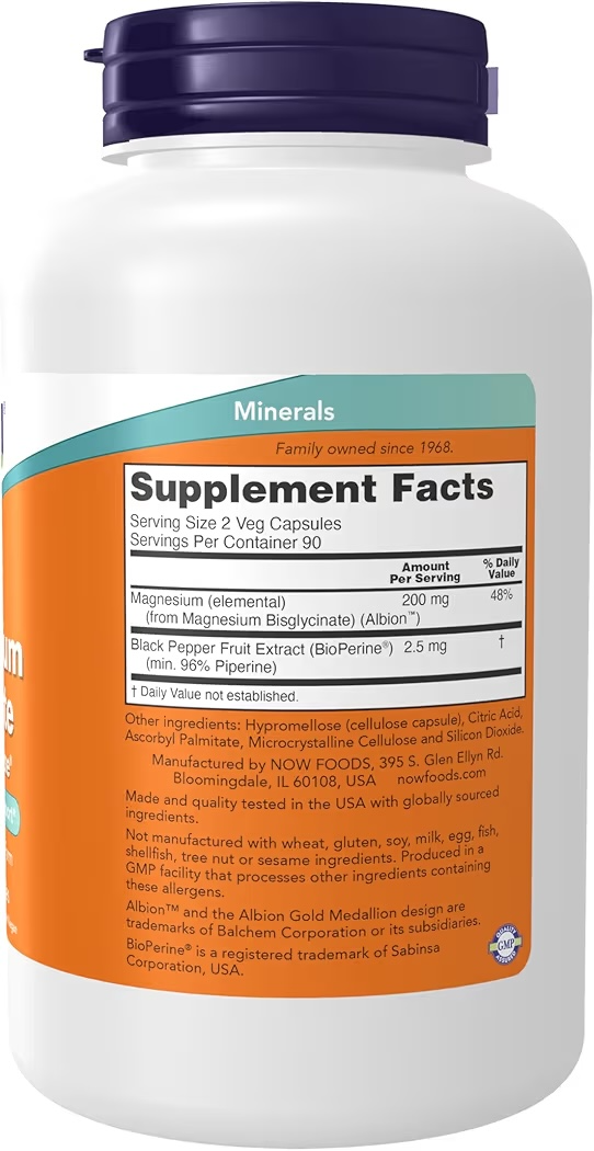 NERVOUS SYSTEM: Cápsulas Veganas Now Magnesium Glycinate con BioPerine x180 Unidades