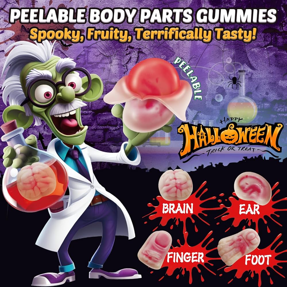 HALLOWEEN: Gomitas Fresa & Frambuesa Pelables Amos Peelerz Gummy Body Parts 240g