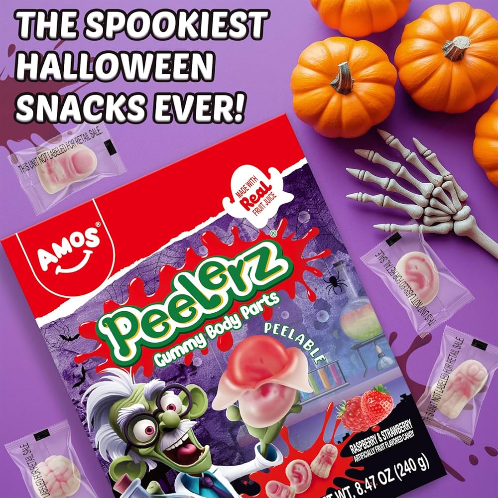 HALLOWEEN: Gomitas Fresa & Frambuesa Pelables Amos Peelerz Gummy Body Parts 240g