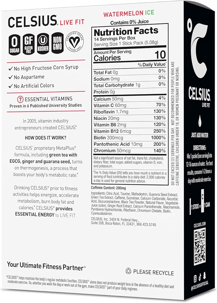 Barras Polvo Celsius Essential Energy Sin Azúcar Watermelon Ice x14 Unidades