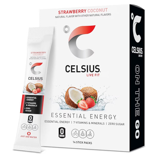 Barras Polvo Celsius Essential Energy Sin Azúcar Coco & Fresa x14 Unidades