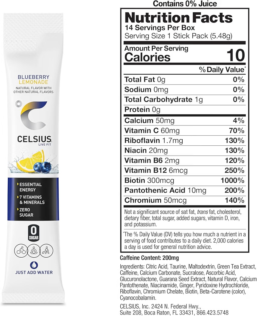 Barras Polvo Celsius Essential Energy Sin Azúcar Blueberry Lemonade x14 Unidades