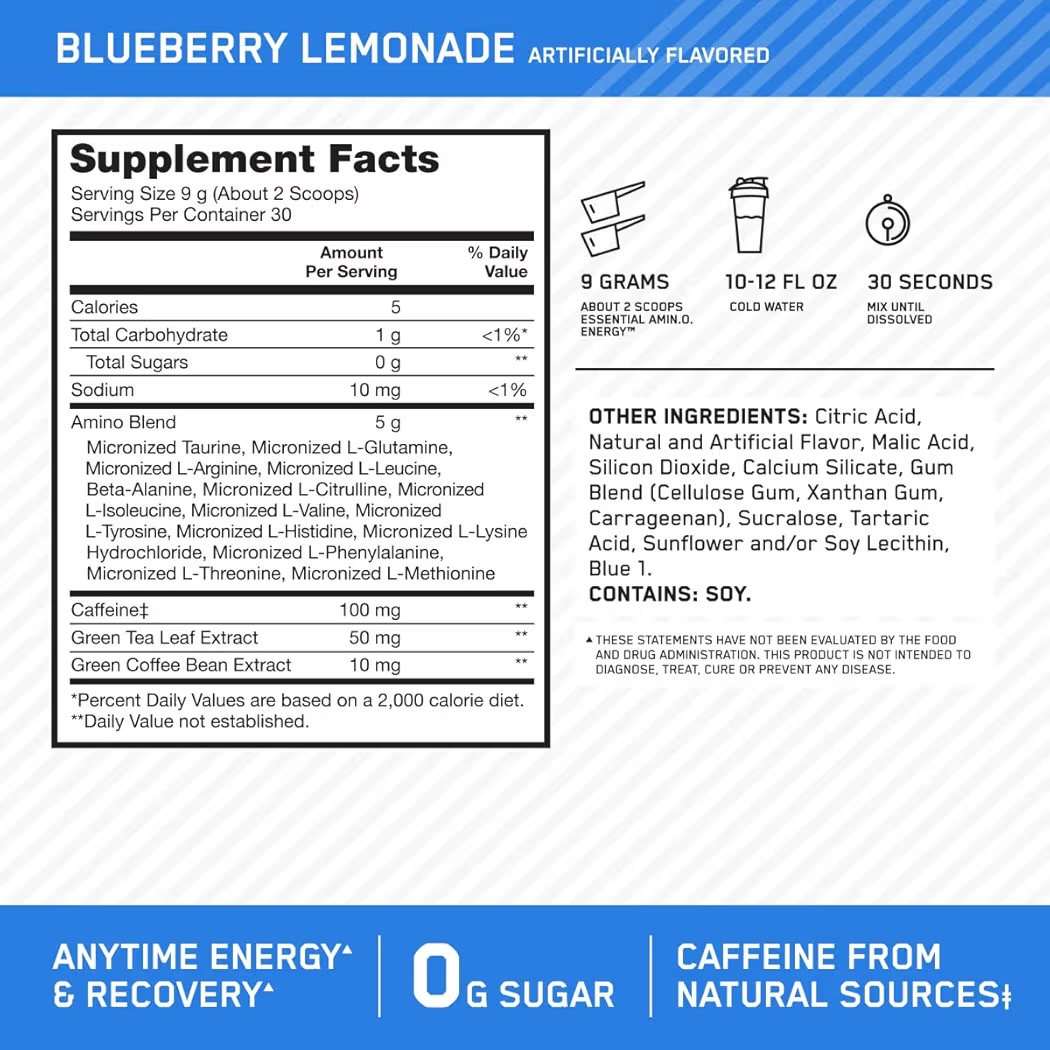 Polvo Energético Preentreno Optimum Nutrition Essential Amin.O. Energy Blueberry Lemonade 270g