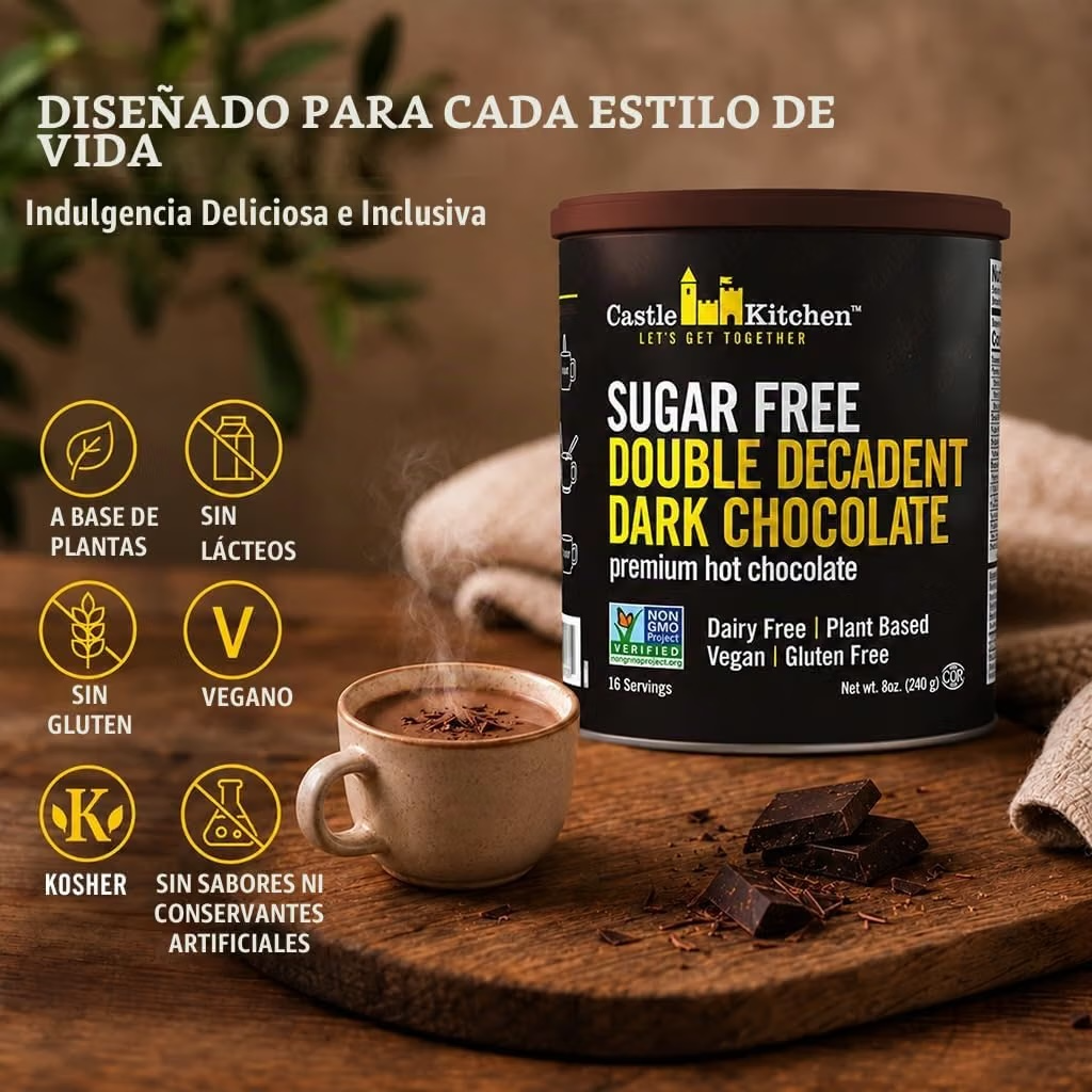 Mezcla Double Decadent Dark Chocolate Castle Kitchen Premium Hot Chocolate Sin Azúcar 240g