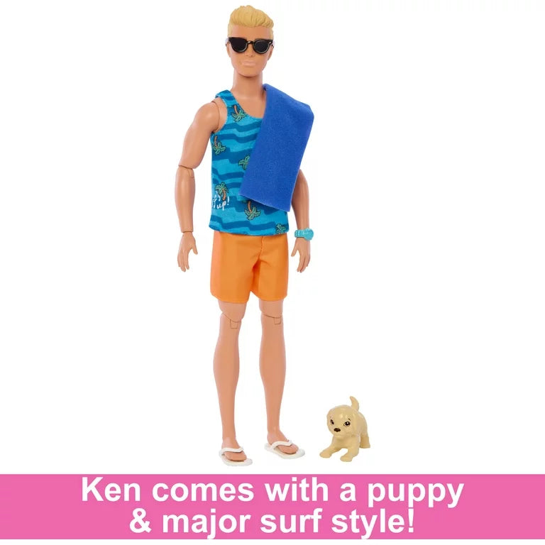 Muñeco Ken Surfboard Tabla de Surf + Cachorro
