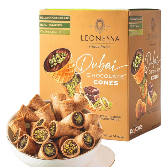 Conos Rellenos Chocolate Dubai Pistacho & Knafeh Leonessa x10 Unidades - 135g