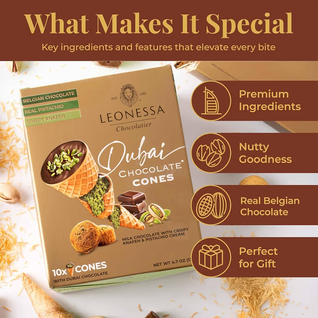 Conos Rellenos Chocolate Dubai Pistacho & Knafeh Leonessa x10 Unidades - 135g