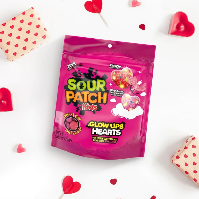 VALENTINE: Gomitas Sour Patch Fresa-Sandía & Cereza Glow Ups Hearts 238g
