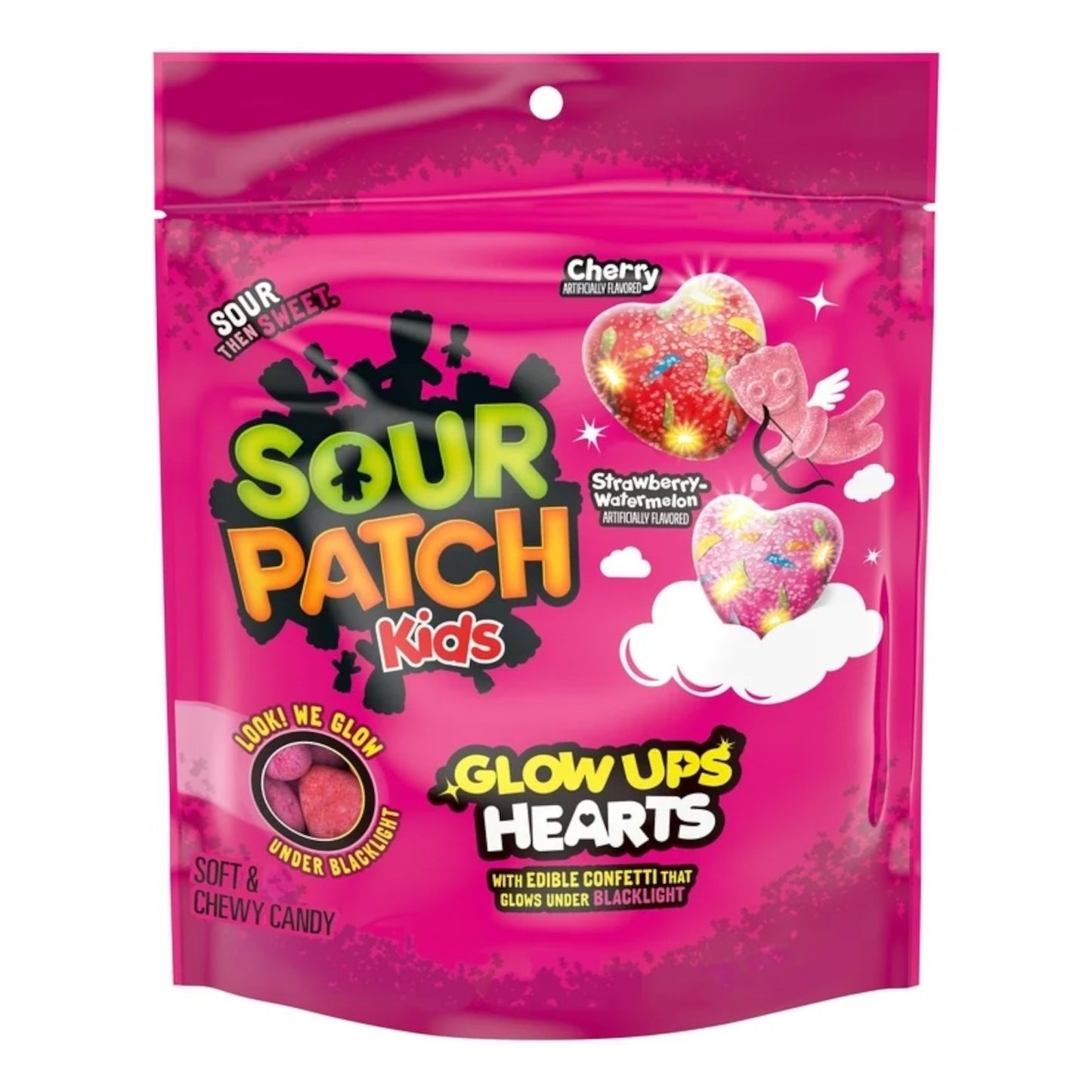 VALENTINE: Gomitas Sour Patch Fresa-Sandía & Cereza Glow Ups Hearts 238g
