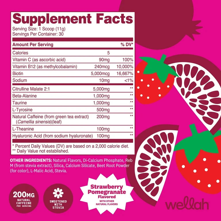 Suplemento Pre-Entreno Wellah Fresa Granada 318g