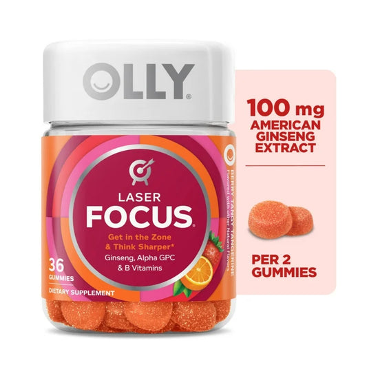LASER FOCUS: Gomitas Olly Ginseng, Alpha GPC Mandarina & Fresa x36 Unidades