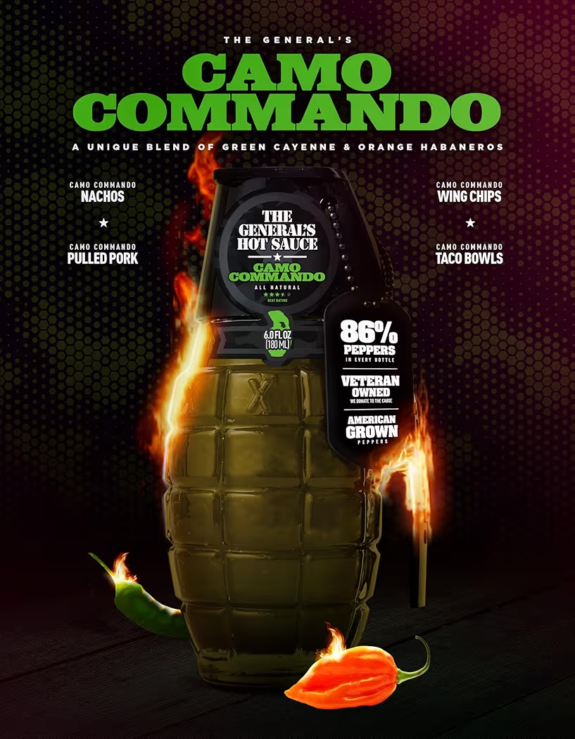 Salsa Picante The General’s Hot Sauce Camo Commando 180 mL