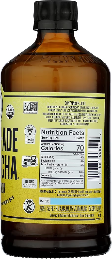 Bebida Probiótica Té Burbujeante Health Ade Kombucha Ginger Lemon 473 mL