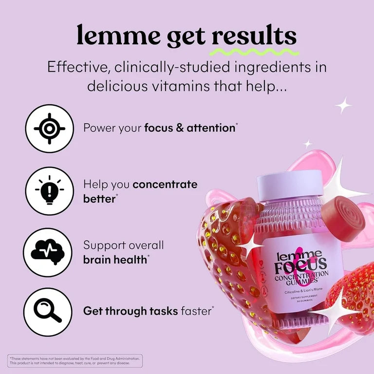 CONCENTRATION: Gomitas Lemme Focus Lion’s Mane & B12 Sabor Fresa x50 Unidades