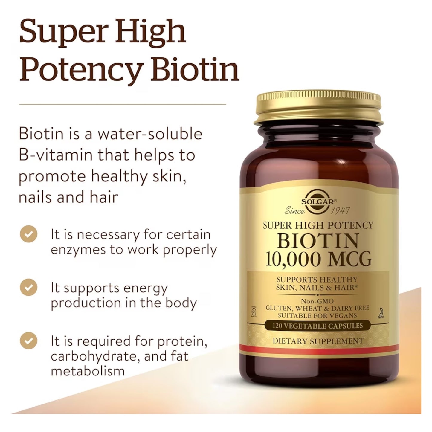 BIOTIN: Cápsulas Vegetales Solgar Super High Potency 10.000 MCG x120 Unidades