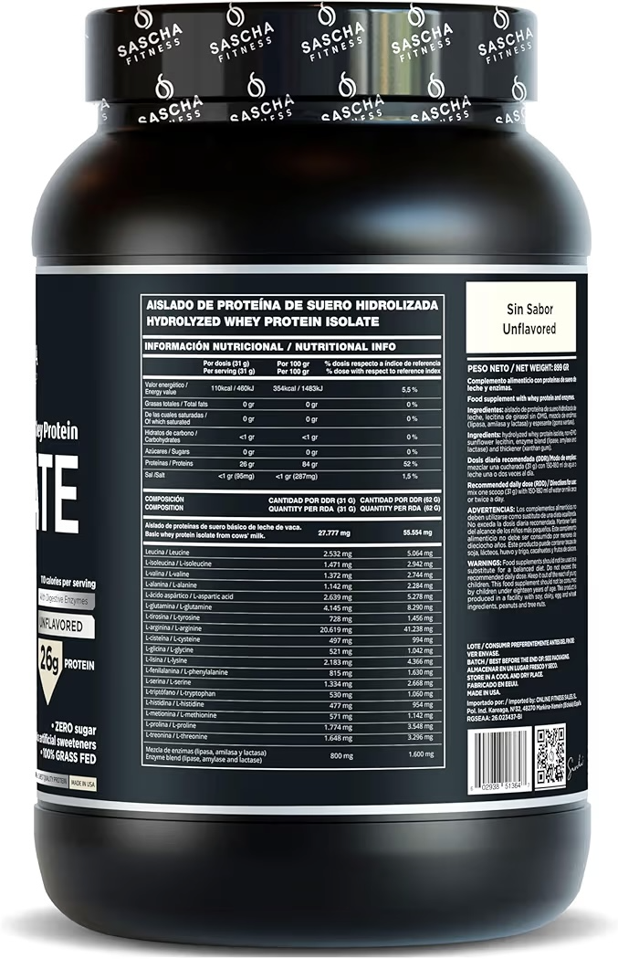 ISOLATE: Proteína Suero Hidrolizado Sascha Fitness Sin Sabor 899g