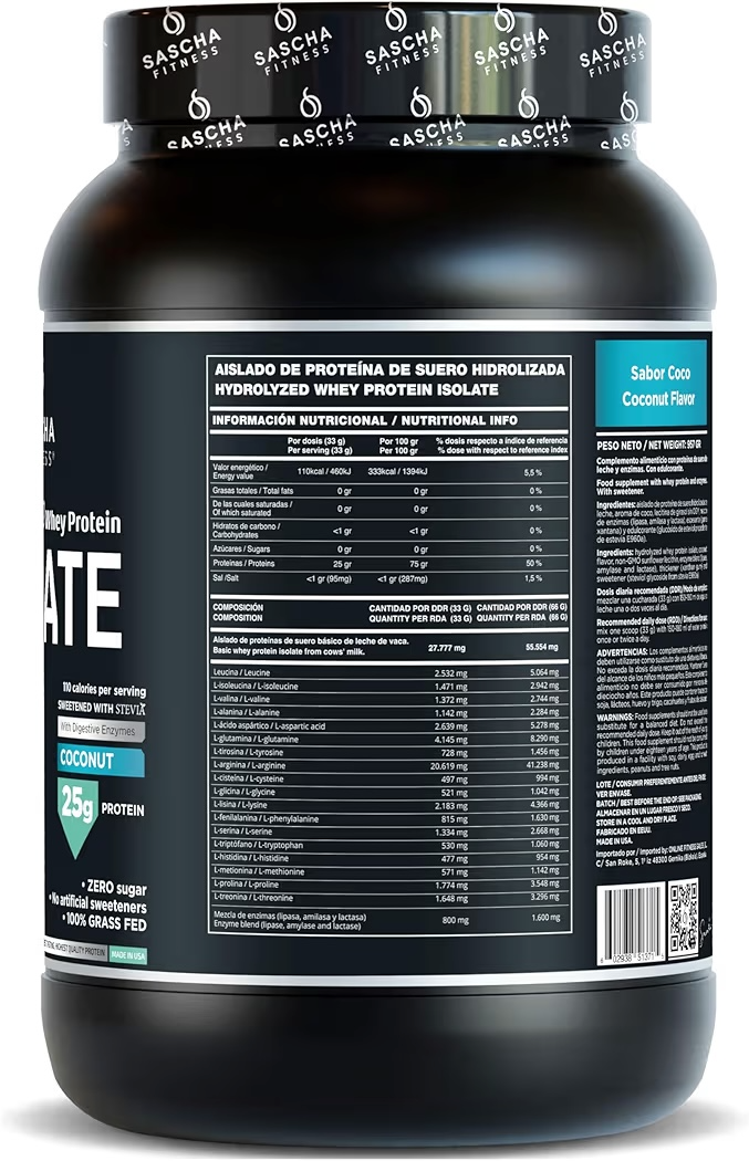 ISOLATE: Proteína Suero Hidrolizado Sascha Fitness Coco 957g